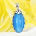 Pendentif œil de chat bleu marquise monté sur une base géométrique en acier argent - Couleur Acier Pierre Bleue Pendentif Uniquement (Sans Chaîne)