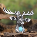 Punk vintage stainless steel elk deer head pendant with blue turquoise on wood base - Pendant Only (Without Chain) Steel Color