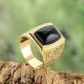 Men's gold plated stainless steel ring with square black gemstone and vintage relief - US 7 / Gold Black Rhinestone