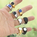 Unisex zegelringen van roestvrij staal met lapis, onyx en parelmoer op de hand - US 6 / Staal Kleur Paarse Steen