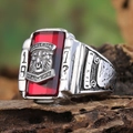 Vintage stainless steel ring with red rectangular stone and embossed tiger head 1972 emblem - US 7 / Steel Red Zircon