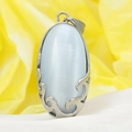 Pendentif ovale pierre oeil de chat bleu clair avec base en acier inoxydable - Pendentif Seul (Sans Chaîne)