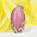 Pendentif en pierre œil de chat rose avec cadre en acier inoxydable poli au style vintage - Pendentif Seul (Sans Chaîne) / Argent/Zircone Rose