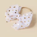 Detail of white mesh bow headband with gold foil dots and stretchy nylon band - White