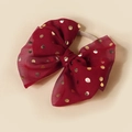 Detail of burgundy sheer bow headband with gold glitter dots and soft nylon elastic band - Burgundy