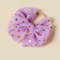 Detailed view of baby headband with purple mesh bow and golden glitter polka dots - Light Purple