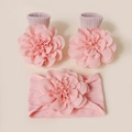 Ensemble bandeau et chaussettes roses en tricot pour bébé avec grandes fleurs en relief - Socquettes / Rose Poudré