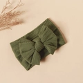 Olive green knitted baby nylon headband with large double bow and cable pattern - #28 Military Green / 16*9cm
