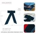 Detail showing 14.8cm navy velvet bow hair clip with dimensions and metal spring fastener - Business Blue