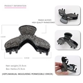 Pinza per capelli in acetato nero con strass grigi e dimensioni su sfondo bianco puro - Stile B Strass Grigio