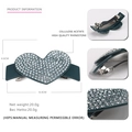 Detailed view of dark green acetate heart hair clip with rhinestones and dimensions - Dark Green