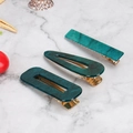 Three-piece set of deep green marble resin hair clips with golden metal duckbill base - Rectangular and Water Drop / Dark Green Marble Pattern
