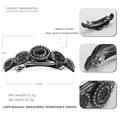 Detailed view of acetate hair clip with rhinestones, including dimensions and back spring clip - Dark Green