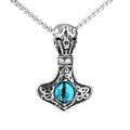 Detail of Viking Mjölnir pendant with blue gemstone and skull clasp on silver chain - Steel Color Blue Rhinestone (Pendant Only)