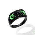 Anello gufo punk retrò in acciaio al titanio nero con vivaci occhi verdi luminosi - Taglia 7 / Nero Occhi Verdi