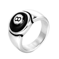 Men's silver titanium steel signet ring featuring a vintage billiard black number 8 design - US 6 / Steel Black Enamel