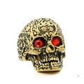 Gothic punk skull ring in gold finish with red zircon eyes and floral engravings - US 7 / Gold