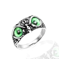 Bague chouette rétro en acier argenté avec des yeux en cristal vert frappants - US 7 / Couleur Acier Yeux Verts