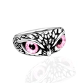 Bague chouette rétro en acier titane argenté avec yeux en gemme violette et texture plume - US 7 / Couleur Acier Yeux Roses