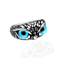 Anello gufo vintage in argento antico con occhi blu vivaci e trame di piume incise - Taglia 7 / Colore Acciaio Occhi Blu