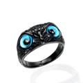 Anello vintage a forma di gufo in acciaio titanio nero con grandi occhi blu - Taglia 7 / Nero Occhi Blu