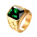 Men's gold-plated stainless steel ring with square green gemstone and side cross relief - US 10 / Gold Green Zirconia