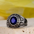 Men's stainless steel US Army ring with blue gemstone and eagle relief engraving - US 6 / Steel Color With Sapphire Blue Rhinestone