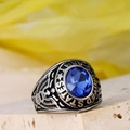 Detail of US Army signet ring with blue oval stone and eagle engravings on steel - Steel Color Light Blue Rhinestone