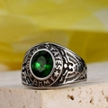 Macro view of US Army signet ring with green gemstone and eagle relief detail - US 6 / Silver Green Zircon