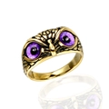 Anello civetta retrò dorato con occhi viola e trama di piume dettagliata in stile punk - Taglia 7 / Base Oro Occhio Viola