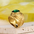 18k gold plated stainless steel military ring with large green faceted gemstone - US 7 / Gold Green Zirconia