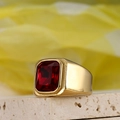 Vintage men's gold stainless steel signet ring with large rectangular red ruby gemstone - Gold Red Zirconia