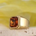 Macro shot of polished gold-finished ring featuring a rectangular orange gemstone inlay - US 6 / Gold Yellow Zirconia