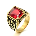 Retro punk 316L stainless steel ring with rectangle red gemstone and tulip engravings - Size 7 / Gold Base Red Gemstone