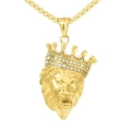Golden hip hop lion head pendant necklace with crown and sparkling white crystals - Gold Color (Pendant Only - Without Chain)