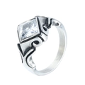 Bague vintage avec zircone carrée et anneau argenté gravé de motifs floraux - US 7 / Strass Blanc