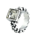 Vintage industriële zilveren ring met grote vierkante steen en kralentextuur - US 7 / Grijs Witte Steen