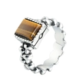 Vintage zilveren ring met rechthoekige tijgeroogsteen en kraalstructuur band - US 7 / Tijgeroog