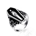 Gothic punk coffin ring in vintage black stainless steel with textured relief detail - US 7 / Steel