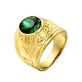 Golden titanium ring with large green faceted stone and United States eagle crest - Gold / Green