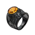 Men's black titanium steel military ring featuring a large amber gemstone and eagle relief - Black With Yellow Stone