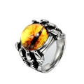 Punk style dragon claw ring with amber yellow eye stone in vintage stainless steel - US 7 / Yellow