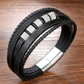 Bracciale intrecciato in pelle nera da uomo con perle argentate e chiusura magnetica - Lunghezza 21cm