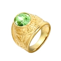 Gold military US Navy ring featuring a large faceted green stone and eagle crest side detail - Gold with Light Green Rhinestone