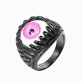 Punk-stijl roestvrijstalen ring met een levendig roze oogontwerp in een klauwzetting - Zwarte Basis Roze
