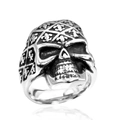 Vintage punk skull ring in silver steel with fleur-de-lis pattern and checkered top - US 8 / Steel