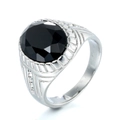 Macro shot of silver stainless steel ring featuring a large faceted black gemstone inlay - US 7 / Steel Black Gemstone