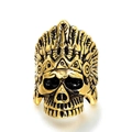 Anillo de calavera en acero inoxidable dorado vintage con tocado de plumas de jefe indio - US 7 / Dorado