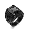 Detail showing vintage black tulip gemstone ring with ornate carvings and matte metal finish - Size 7 / Black with Black Gemstone