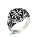 Anillo brújula nórdica vintage en acero negro plateado con símbolos vikingos y calaveras - US 7 / Color Acero